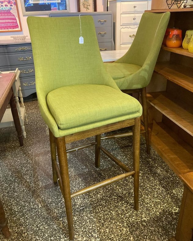 A pair of green high backed stools! 2 available 20” x 20” x 47” seat height 31” foot pegs is 13” high.