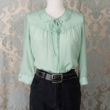 Gorgeous ROCHAS Paris Pale Green Gathered Silk Blouse with Peter Pan Bow Collar 