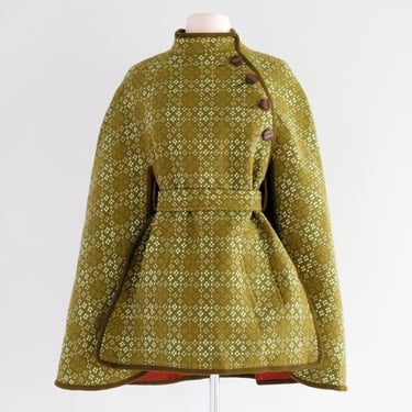 Vintage 1960's Moss Green Plaid Wool Cape by Welsh Woolens / OS