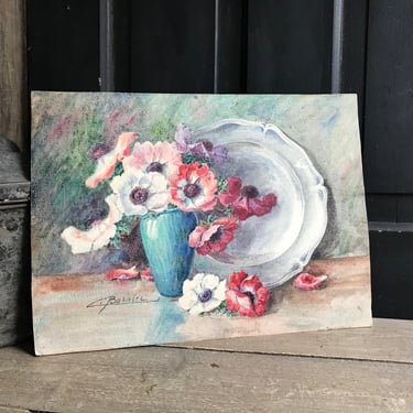 French Painting, Floral Anemones Vase, Still Life, Signed, Unframed Watercolor on Card 
