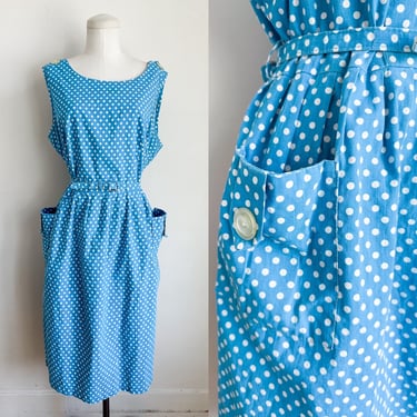 Vintage 1950s Blue Polka Dot Cotton Dress / XL-2XL 
