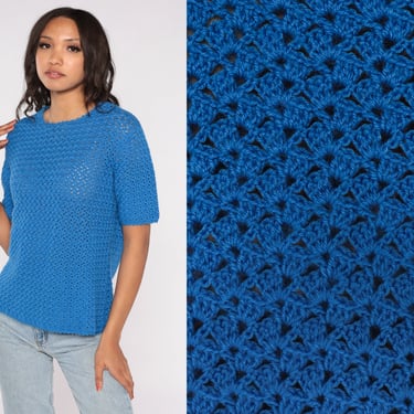 Sheer Crochet Top 70s Blue Knit Blouse Boho Blouse Open Weave Cut Out Vintage Bohemian Shirt Short Sleeve Cutout Top Simple Plain Medium 