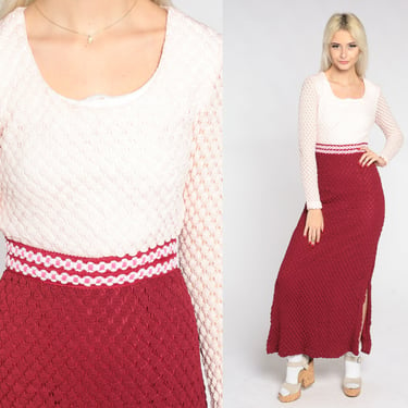 70s Crochet Dress Mod Maxi Dress Burgundy White Bohemian High Waisted Boho Open Weave Knit Party Cocktail Long Sleeve Vintage 1970s Small S 