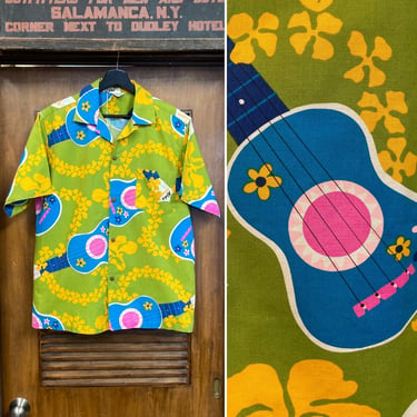 Vintage 1960’s Pop Art Ukelele Cartoon Mod Cotton Loop Collar Hawaiian Shirt, 60’s Vintage Clothing 