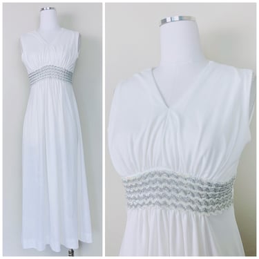 1970s Vintage White Polyester Knit Maxi Dress / 70s / Seventies Silver Sequin Waist Grecian Gown / Size Small - Medium 