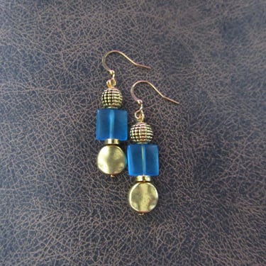 Blue frosted glass and gold earrings 