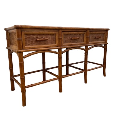 Faux Bamboo Buffet Console by American of Martinsville with 3 Drawers, Rattan Wicker & Wooden Table Top - Vintage Hollywood Regency 