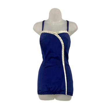 Vintage 1950s Blue One-Piece Swimsuit, Mid-Century Volup Maillot w/Modesty Panel, Pin Up Bathing Suit, Mint Condition, Size Large to XL, VFG 