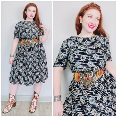 1980s Vintage Another Thyme Navy Rayon Dress / 80s Abstract Geo Southwestern Print Fit and Flare Dress / XL 
