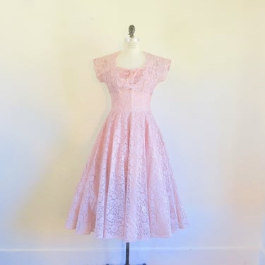 1950's Pink Lace Strapless Bustier Fit and Flare Party Dress Matching Bolero Jacket 50's Spring Summer Rockabilly Swing 29