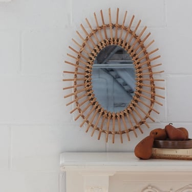 vintage French sunburst rattan mirror