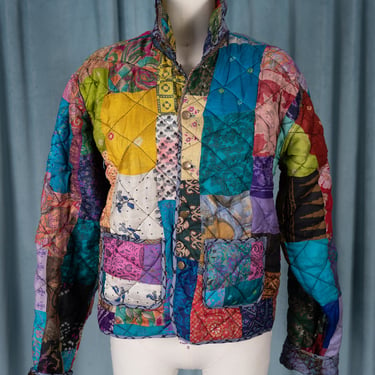 Vintage Art E Zen Reversible Patchwork Pure Silk Batik Quilted Jacket with Button Front and Pockets 