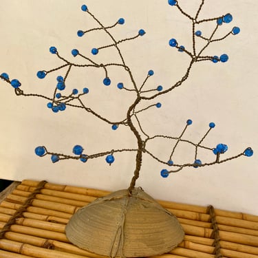 Vintage Hand Made Wire Plastic Blue Bead Tree, Gold Clam Shell Base, Gold And Blue, Wire Tree, Hand Crafted, Zen Look 