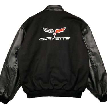 Vintage 90s Chevrolet Corvette Sports Car Double Sided Embroidered Button Down Suede & Leather Jacket Size Large 