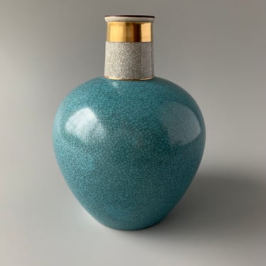 Royal Copenhagen Turquoise Gilded Band Crackle Vase by Thorkild Olsen, Model #3552 