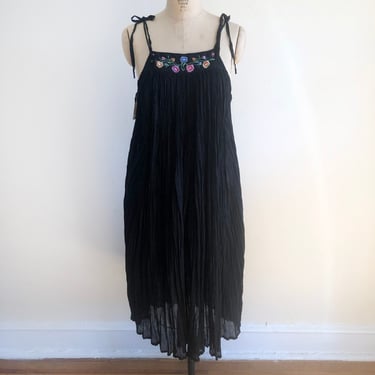 Crinkle Gauze Maxi-Dress with Embroidered Yoke and Tie Straps - 1970s 