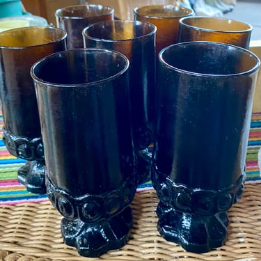 Set of 7 Tiffin Madeira Franciscan Smoked Brown American Blown Glasses Thumbprint Stem Glasses ~12 oz Footed Ice Tea Water Goblets, MCM Rare 