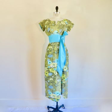 1960's Hawaiian Green Blue Floral Print Maxi Long Dress Waist Sash Formal 60's Hawaii Fashion Kahana Co Honolulu 28