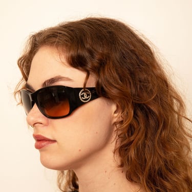 Vintage CHANEL Square Black Sunglasses with Pearl CC Interlocking Silver Logo Shield Polarized 90s 