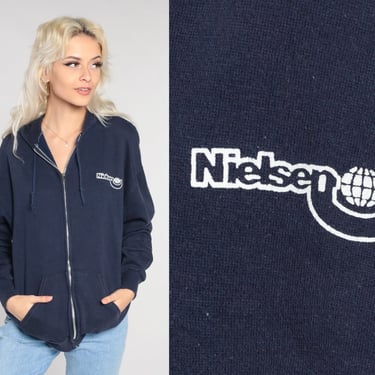 Nielsen Hoodie 80s Navy Blue Hooded Zip Up Sweatshirt Marketing Research Media Corporation Retro Sweater Jacket Hood Vintage 1980s Medium M 