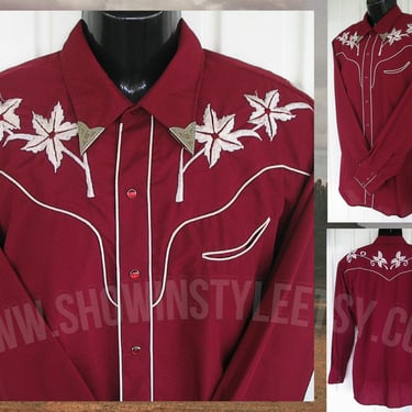 Vintage Western Men's Cowboy and Rodeo Shirt by Tem Tex, Rockabilly, Burgundy with Embroidered White Flowers, Size Large (see meas. photo) 