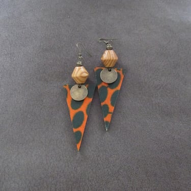 African print Ankara earrings, triangle batik earrings, orange 