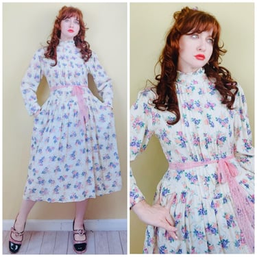 1990s Vintage Passports Coquette Ribbon Print Dress / 90s Dropped Waist Rayon Ruffled Prairie Dress / Medium 