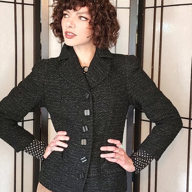 40s or 50s Black Blazer in Nubby Wool Shiny Buttons / S 