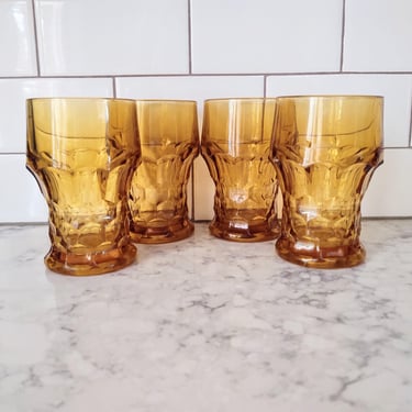 Set of 4 Vintage 1960's Amber Glass Tumblers Bar Ware Georgian Glass Anchor Hocking 