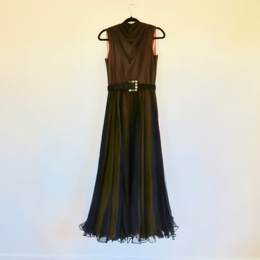 1970's Black Chiffon Long Maxi Pleated Jumpsuit Evening Formal Party Hostess Gown Sleeveless Style Miss Elliette 26.5