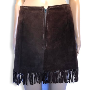 Vintage 1960's Dark Brown Suede Leather Fringe Zippered Mini Skirt - size Small Medium 