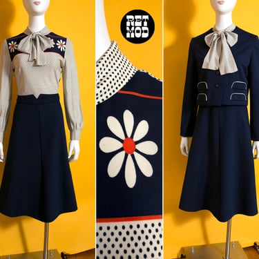 Smart Vintage 60s 70s Navy Blue Flower Polka Dot Patterned Dress Set with Pussybow 