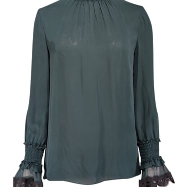 Kobi Halperin - Green Silk Smocked Mock Neck Blouse w/ Lace Trim Sz XS