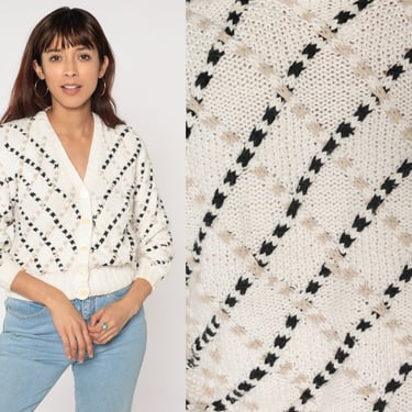 80s Cardigan Sweater White Button up Knit Sweater Textured Diamond Print Retro Casual Neutral Tan Black Vintage 1980s Cotton Ramie Medium M 