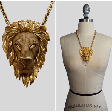 LION KING Vintage 70s Gold Tone Lion Necklace | 1970s Pendant | 70s 1970s Mid Century Large Statement Jewelry 