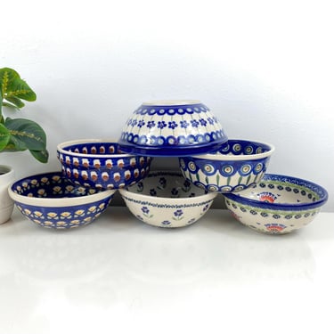 Set 6 Boleslawiec Polish Pottery Soup / Cereal Bowls 6 3/4", Flowering Peacock, Birds, Flowers, pearls, fans, assorted mixed set of 6 Bowls 