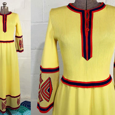 Vintage Giamo Knits Yellow Dress Knit Mod 60s Fashion Maxi Long Bell Sleeves Red Blue Medium Large 1960s 