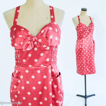 Betsey Johnson | 1990s Pink Polka Dot Mini Dress | 90s Pink Polka Dot Halter Dress | Betsey Johnson | Medium 