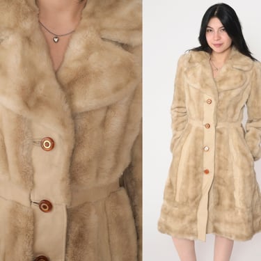 Faux Fur Coat 60s Tan Fake Fur Jacket Button up Collared Retro Glam Rock Winter Sixties Warm Fuzzy Simulated Vintage 1960s Tissavel Small S 