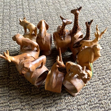 Set of 12 Various Carved Wood Animal Napkin Rings ~ Handmade Wooden Safari Jungle Animals~ giraffe, rhino, monkey, elephant, lion, antelope 