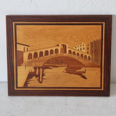 Vintage Mid Century Sorrento Italy Inlay Picture Marquetry River Bridge Scene 