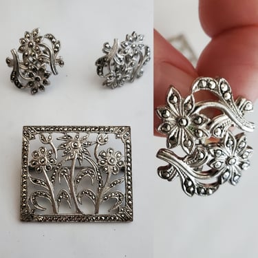 Vintage Sterling Silver and Marcasite Floral Pin and Earring Set - Mid-century Jewelry - Vintage Accessories 