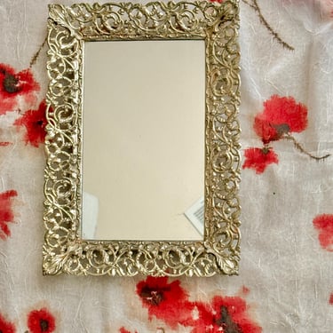 Ornate Framed Mirror, Hollywood Regency, Vintage Mirror, Cut Out Metal, Wall Hanging, Table Top Option, 50s 60s Home Decor, Mid Century 