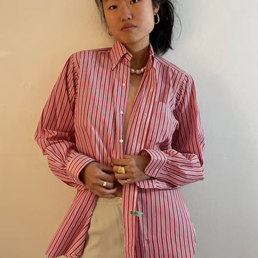 80s Brooks Brothers cotton striped shirt / vintage red striped pinstripe fine cotton oversized boyfriend blouse shirt | Large 