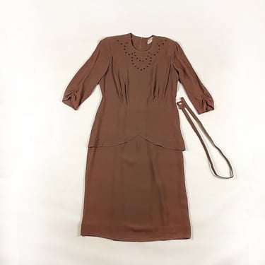 40s Forever Young By Puritan Light Brown Rayon Crepe Dress / Velvet Covered Studs / Ruching / Pintucking / Beige / Vamp / Large / XL / L 