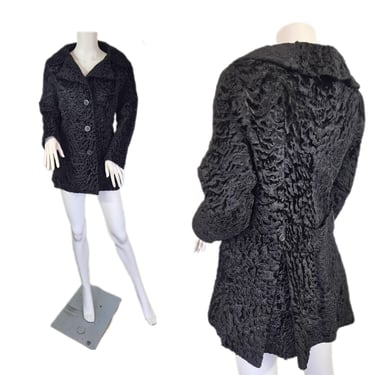 1960s Black Astrakhan Persian Lamb Coat I Sz Med 