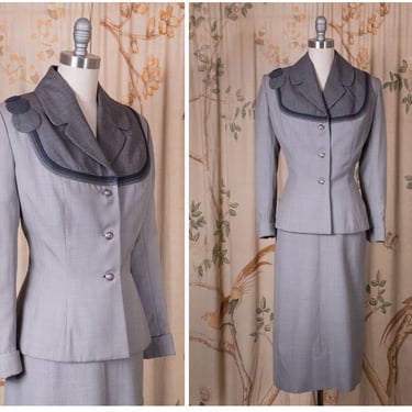 1950s Suit - Designer Lilli Ann Tailored 50s in Dove Grey with Gradient Hue Asymmetric Embellishment Made of Sharkskin of Italy 