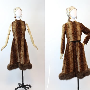 1960s LISA MERIL fur SNAKESKIN print dress and jacket small | new fall winter 