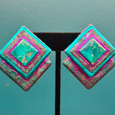 Vintage Clip On Earrings Geometric Teal Purple Iridescent Foil Jewelry Retro 90s 