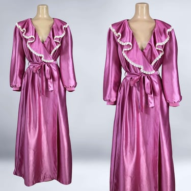 VINTAGE 80s Shiny Pink Robe Ruffle Collar Dressing Gown by Beth Michaels Size Medium | 1980s Lingerie Lounge Wear Bishop Sleeves | VFG 